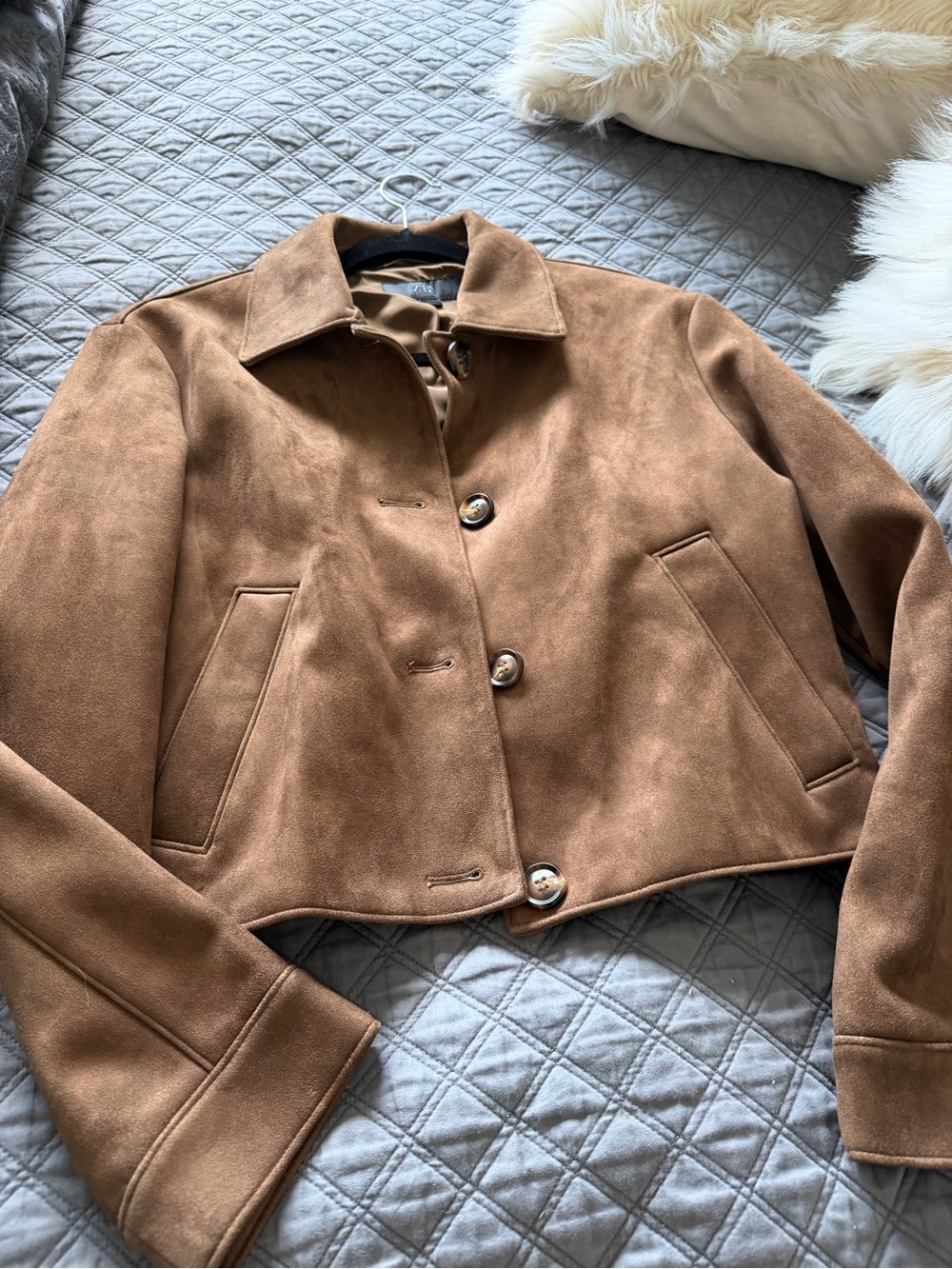 Zara Cropped Suede-Look Button Jacket - Brown